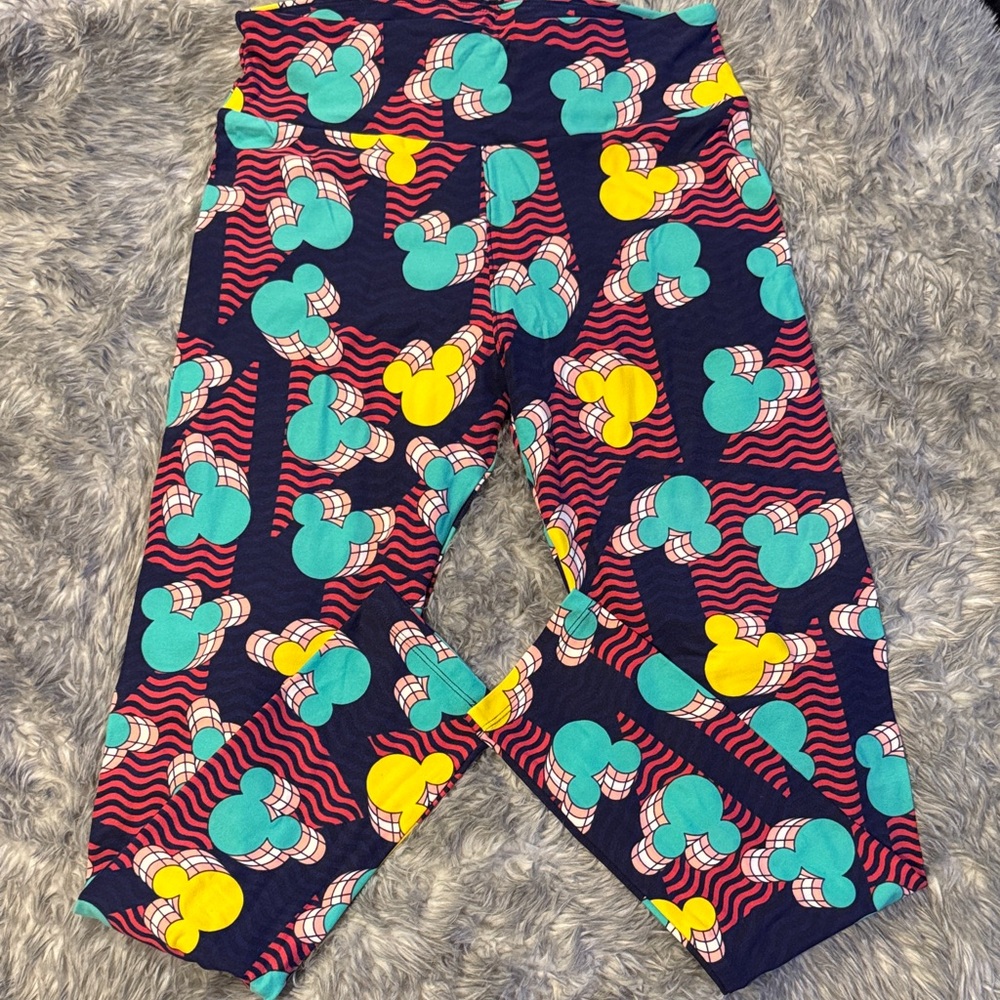 LuLaRoe Mickey Mouse Leggings - Teal, Yellow, Red with black and blue stripes